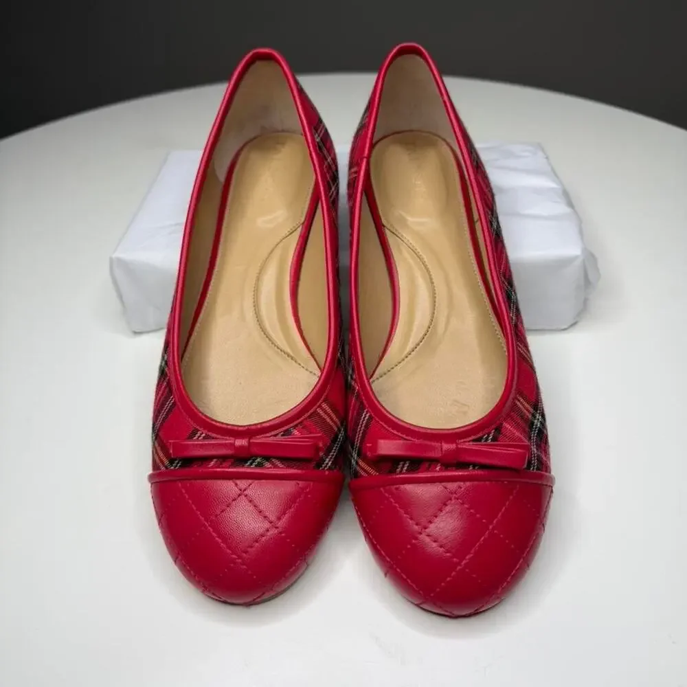 Talbots Red Plaid Ballet Flats Quilted Toe Cap Bow Flats Women’s‎ Size 9.5